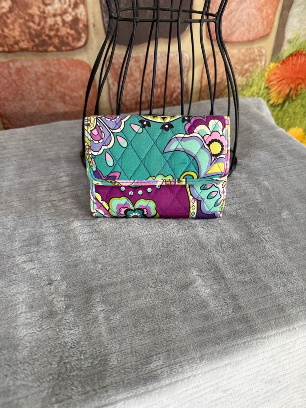 Quilted Floral Wristlet Clutch in Teal & Purple